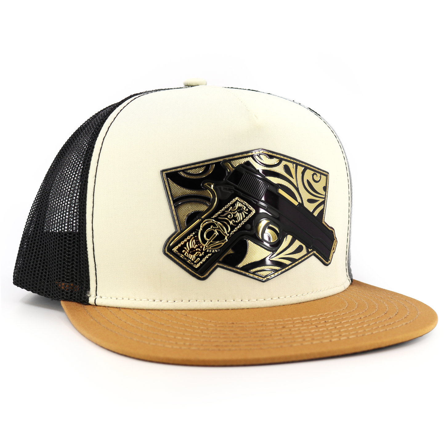 Cachas De Oro Camel/Ivory/Black flat visor hat / gorra de visera plana