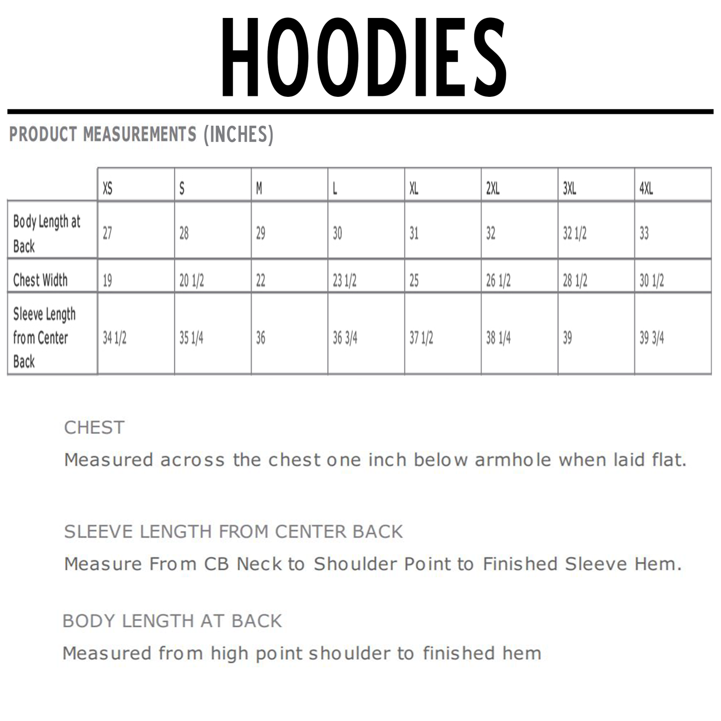 Product measurements chart for hoodies, showing body length, chest width, and sleeve length in inches across sizes XS to 4XL.