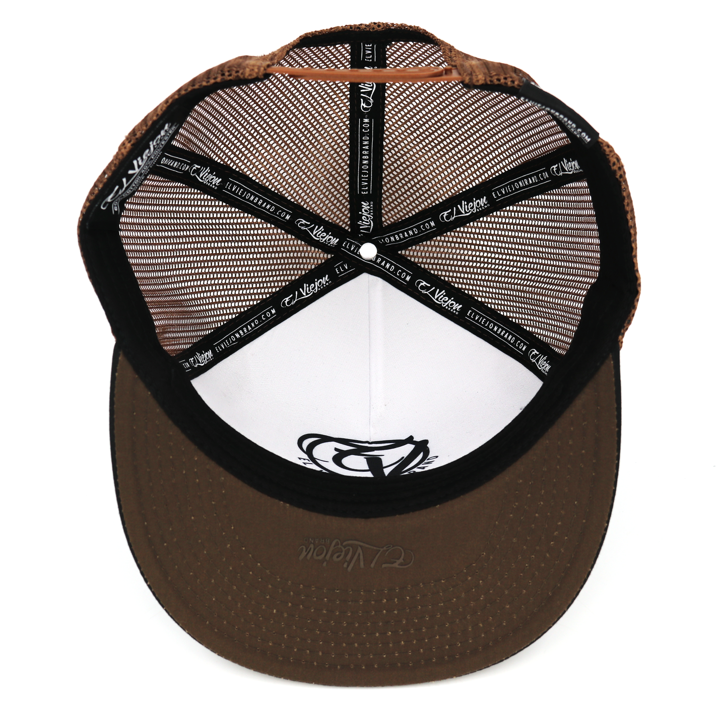Rienda Black/Brown flat visor hat with brown mesh back, white front panel, and adjustable snapback.