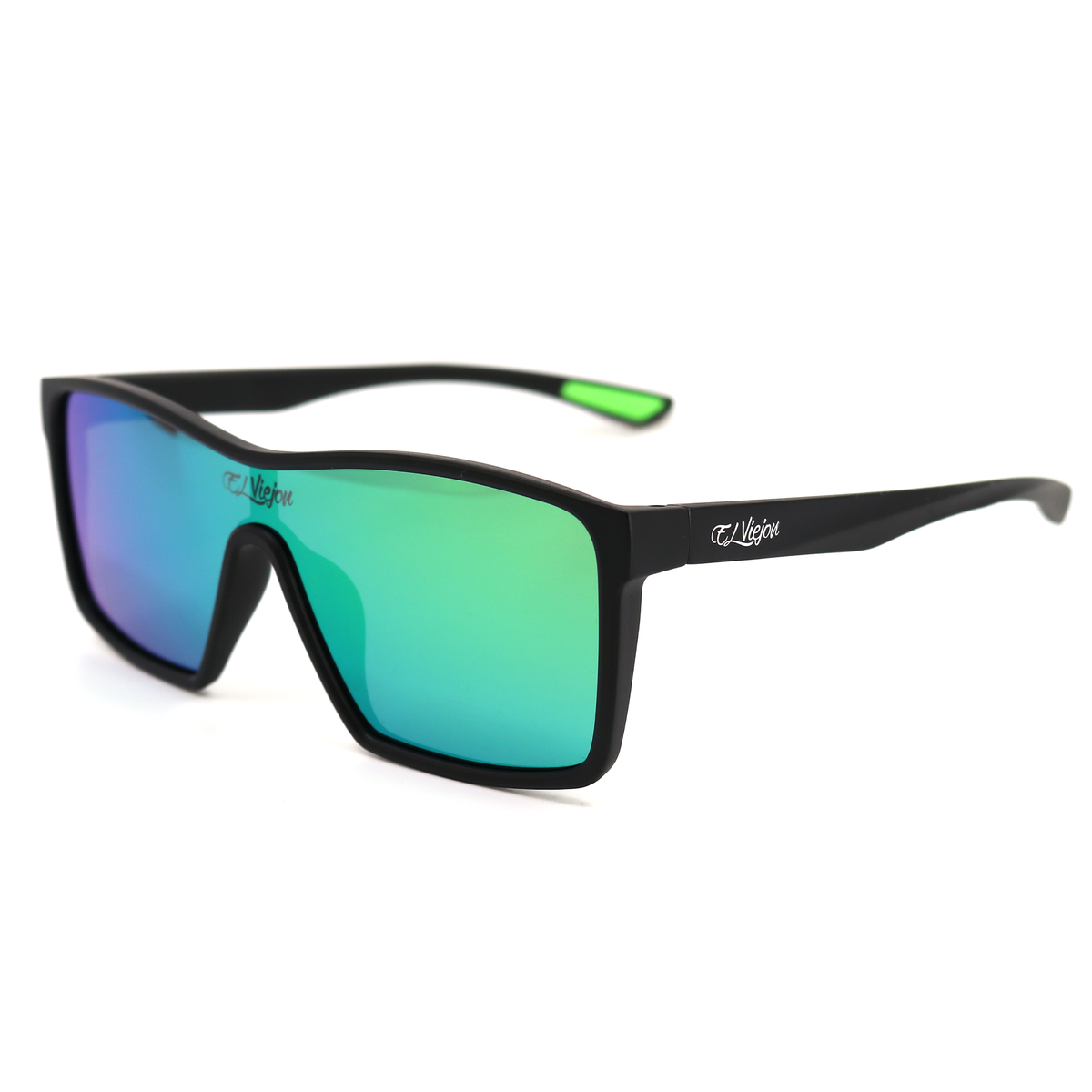 Evergreen™ El Viejon Brand black acetate sunglasses with polarized green mirror lenses and UV400 protection.