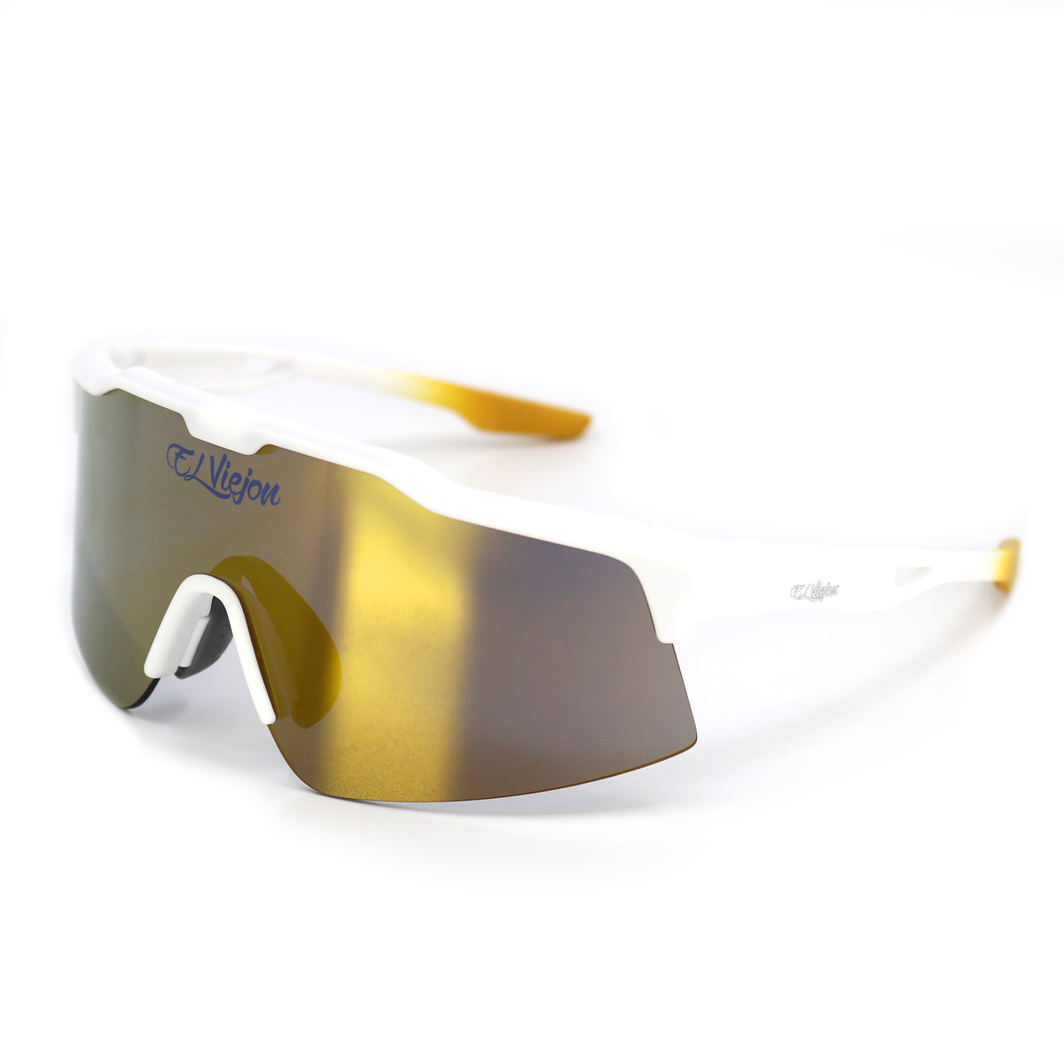 White acetate El Viejon Brand™ sunglasses with single gold polarized lens and UV400 protection.