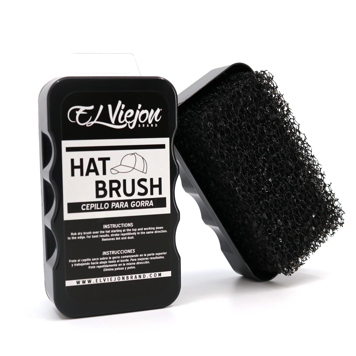 Black El Viejon hat brush with rigid foam, shown in its protective case next to the brush itself.