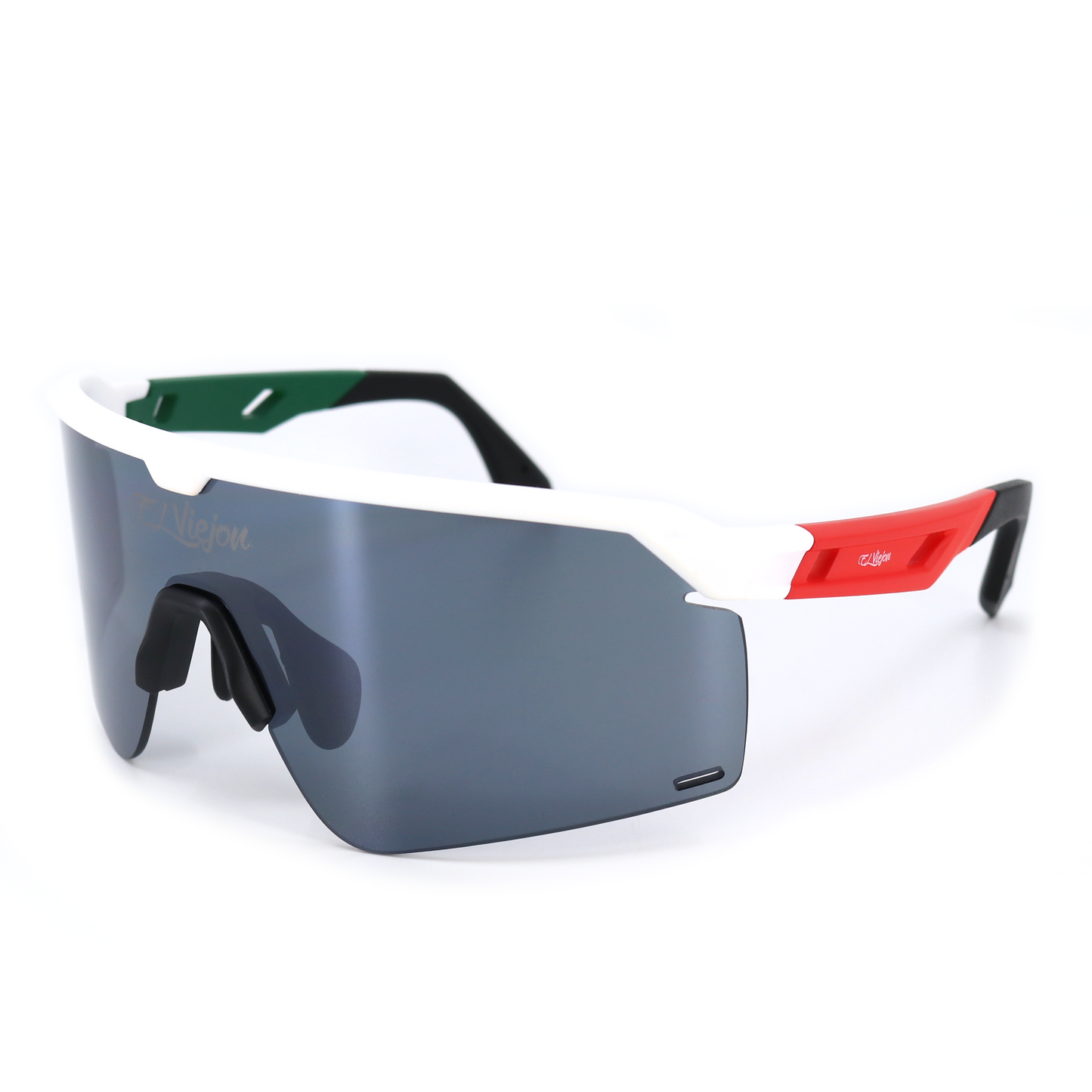 White TR frame sport sunglasses with dark gray lens, green and red temple accents, and El Viejon logo.