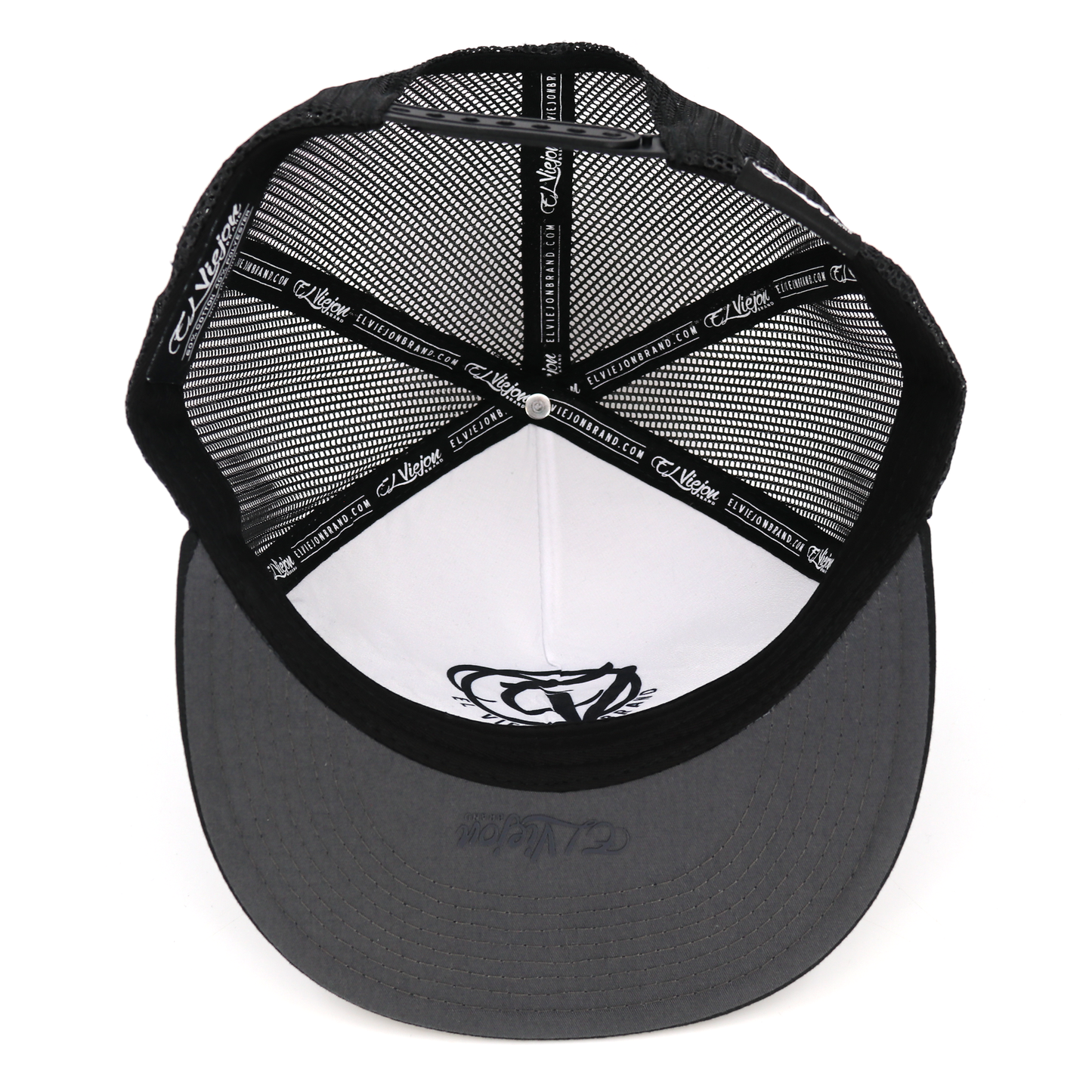 Muchacho Alegre black flat visor hat with charcoal logo, black mesh, and adjustable snapback.