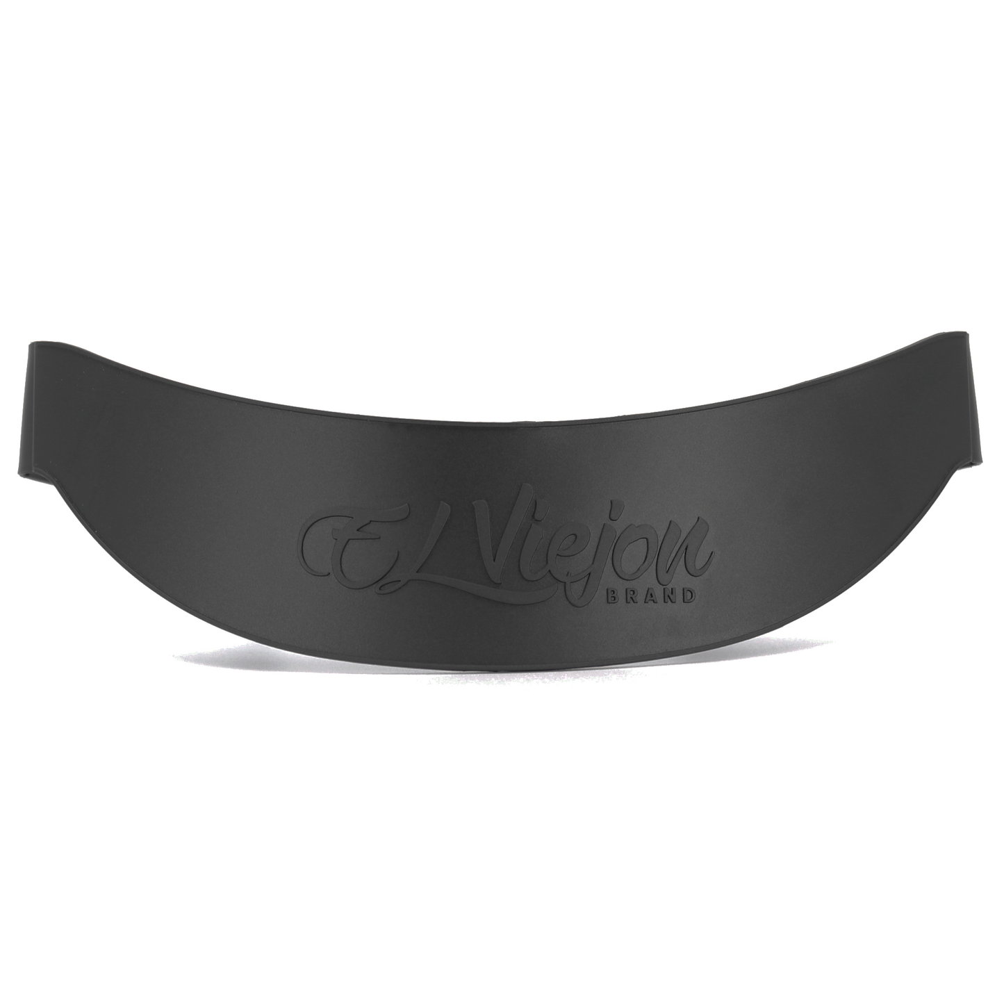 Black flexible plastic Hat Visor Bender with "EL Viejon BRAND" logo, designed to curve hat visors.