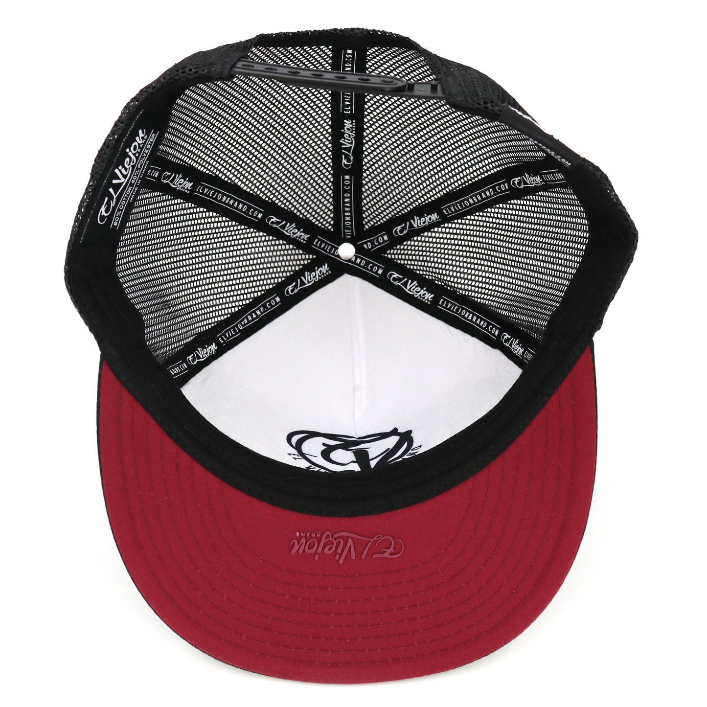 Zero Miedo black flat visor hat with black mesh, white front panel, and red underside brim.