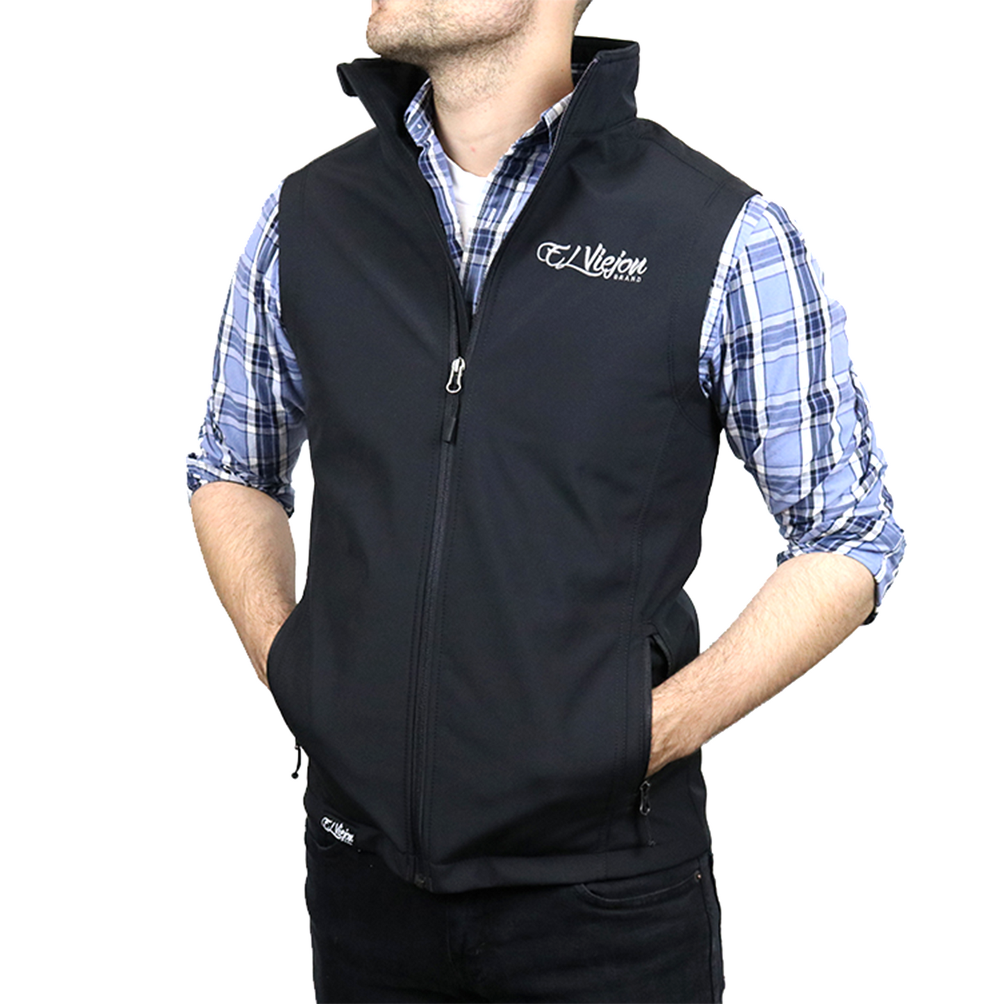 El Viejon Brand Vest - BLACK - Front EVB LH (Charcoal Logo)