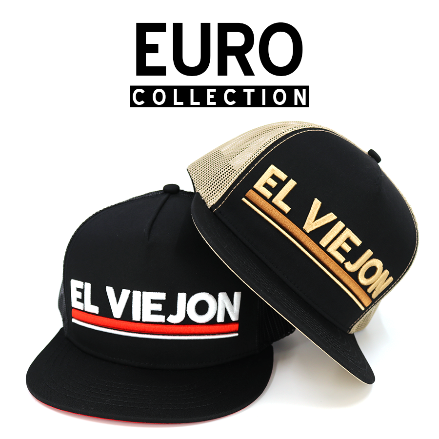 Two black trucker hats with "EL VIEJON" embroidery; one with white and red, the other gold on a tan mesh.