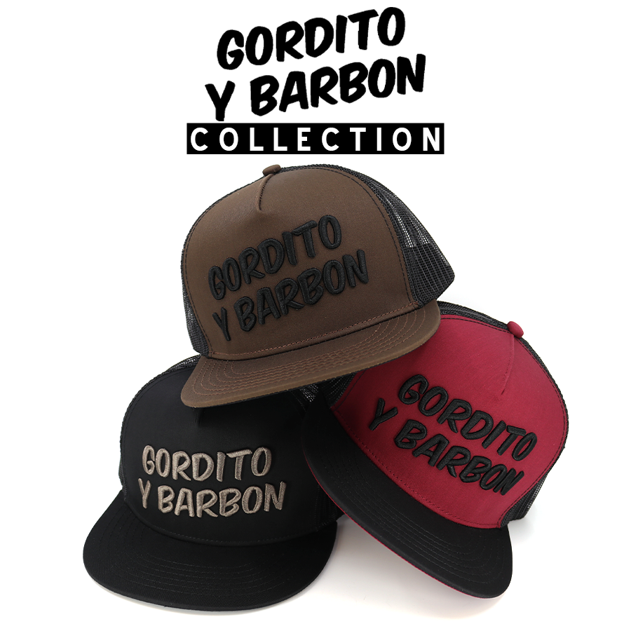 Three Gordito y Barbon trucker hats in brown, black, and maroon, featuring embroidered logos.