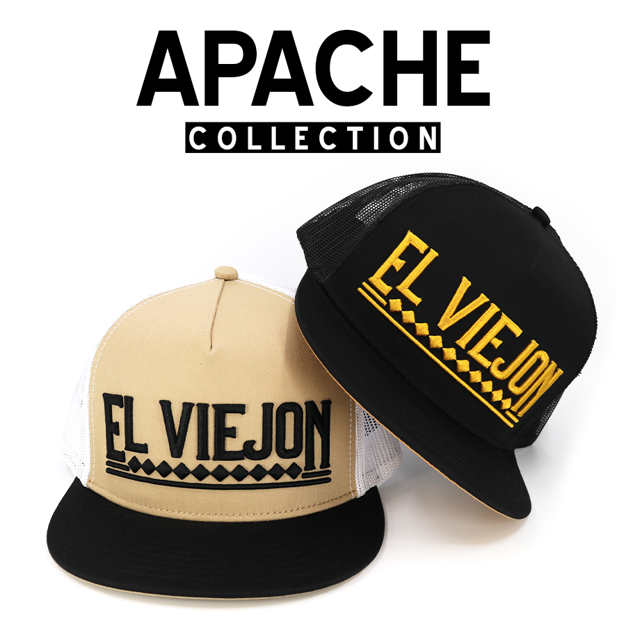Two "El Viejon" trucker hats: one black with gold embroidery, one tan with black embroidery.