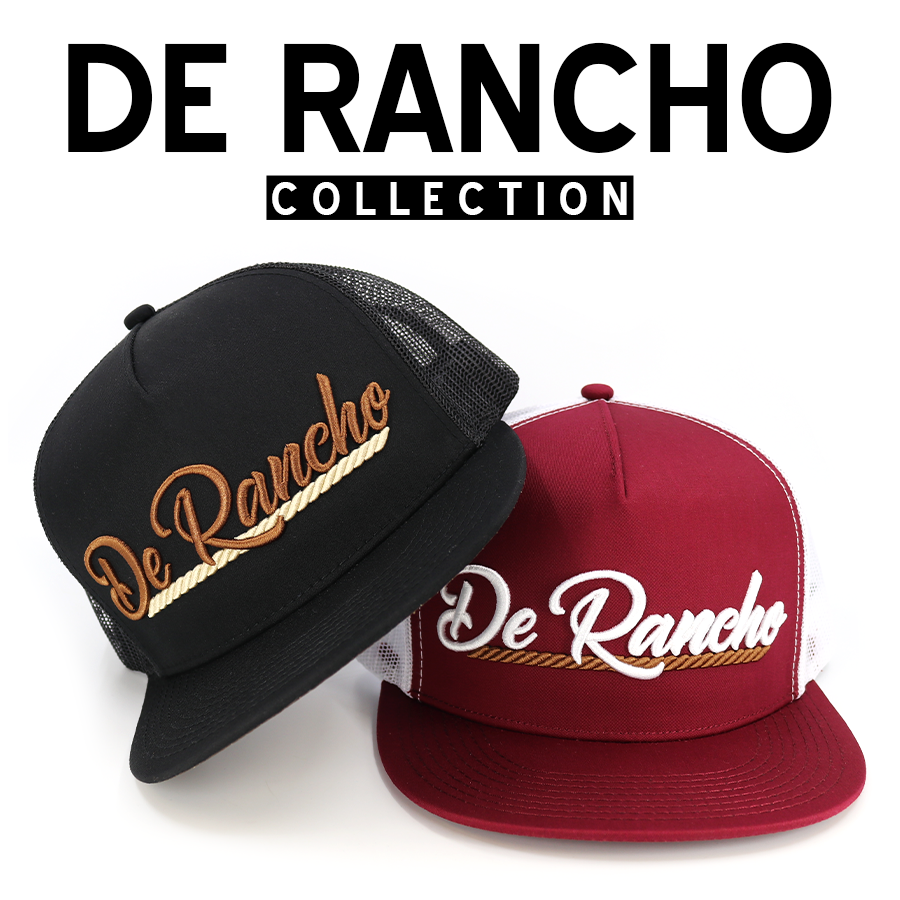De Rancho Collection: Black and maroon trucker hats with embroidered "De Rancho" and rope detail.