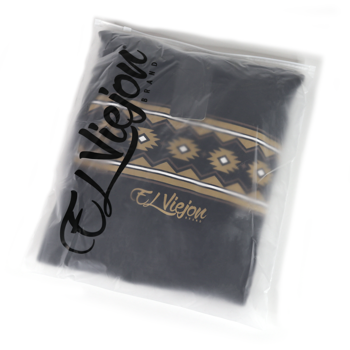 Cheyenne black cotton/poly fleece hoodie with gold and white geometric pattern, packaged.
