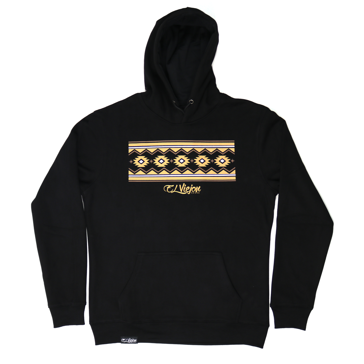 Black cotton/poly fleece hoodie with gold and white Cheyenne pattern and "El Viejon" logo.