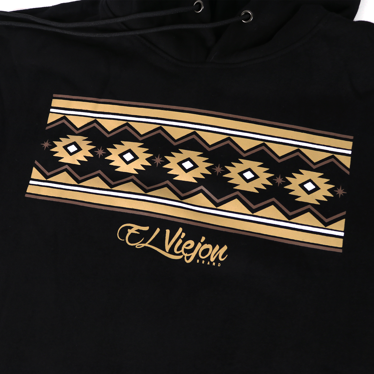 Black cotton/poly fleece hoodie with a gold, brown, and white geometric pattern and "El Viejon Brand" logo.