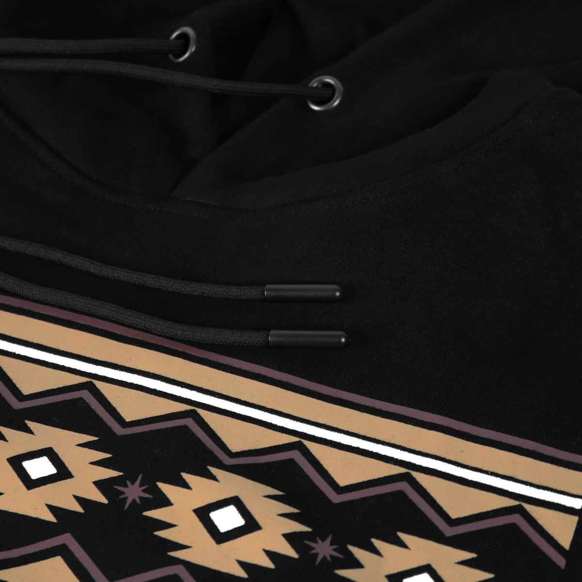 Black Cheyenne hoodie with tan and brown Southwestern pattern, drawstring hood, and front pocket.