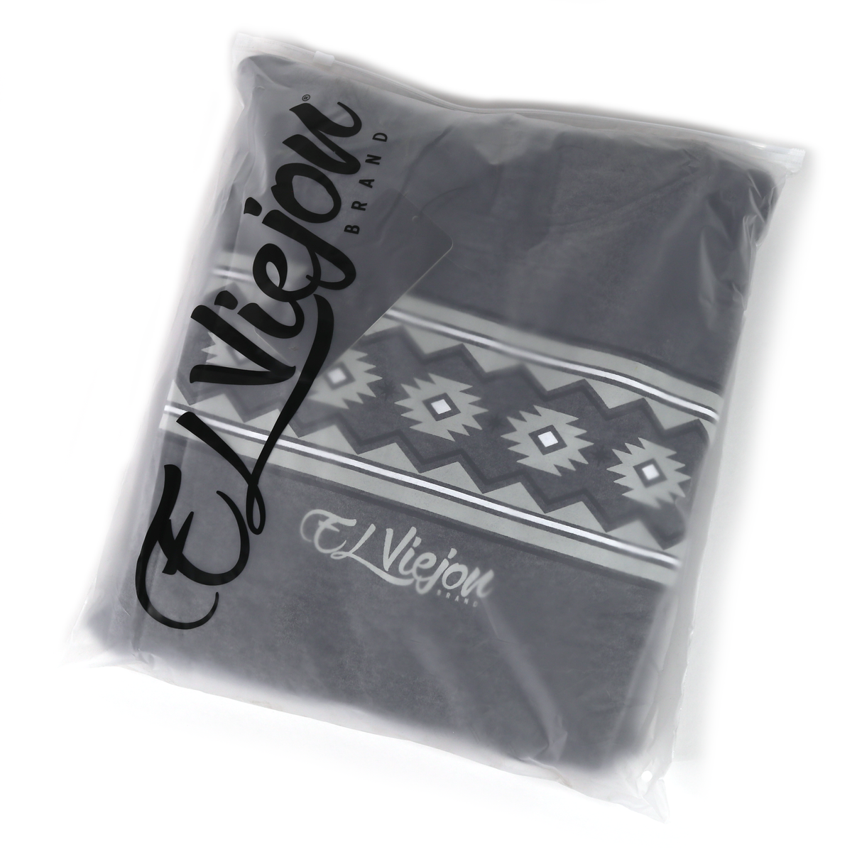 El Viejon Brand Cheyenne dark heather cotton/poly fleece hoodie with geometric pattern, folded in clear packaging.
