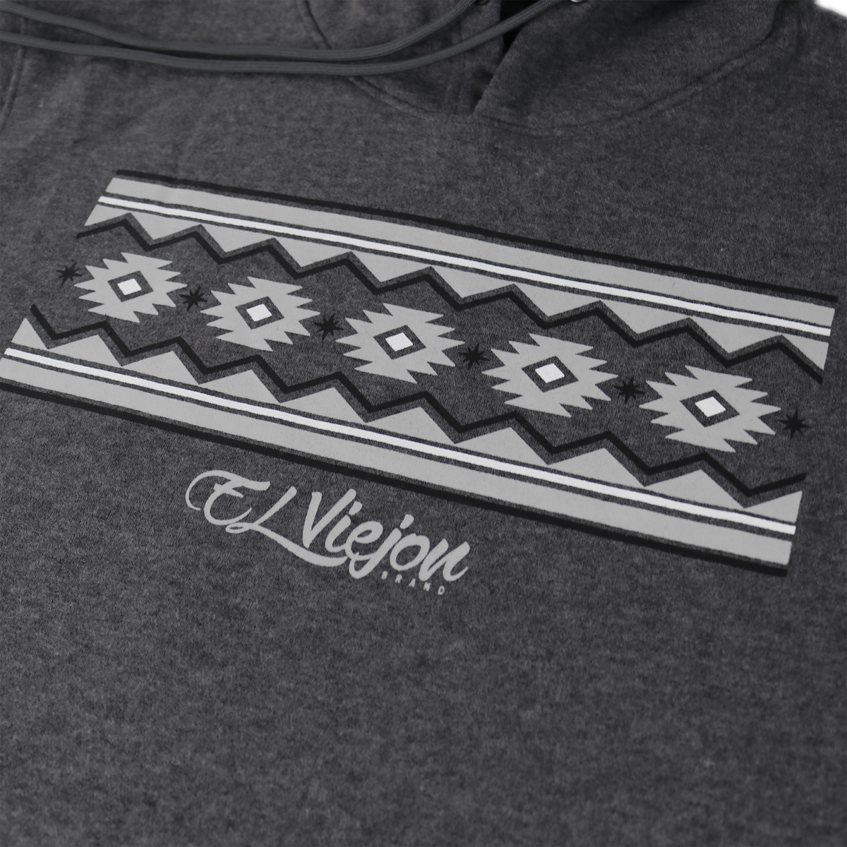 Dark heather cotton/poly fleece hoodie with a gray and white geometric pattern and "El Viejon Brand" logo.
