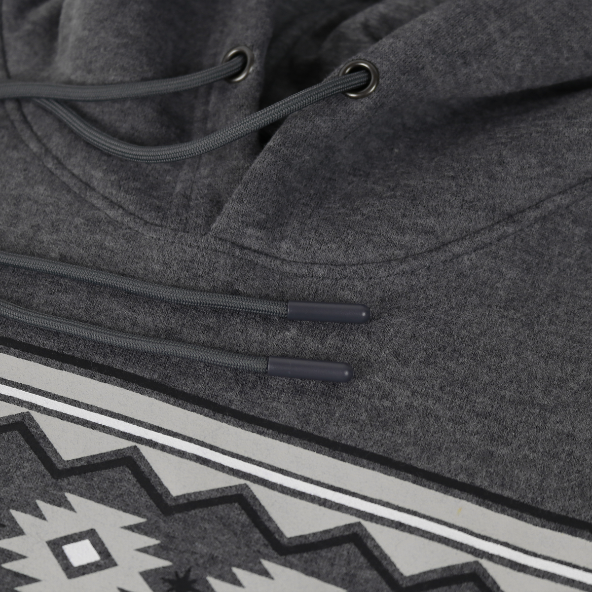 Dark heather grey cotton/poly fleece hoodie with drawstring hood and screen-printed geometric design.