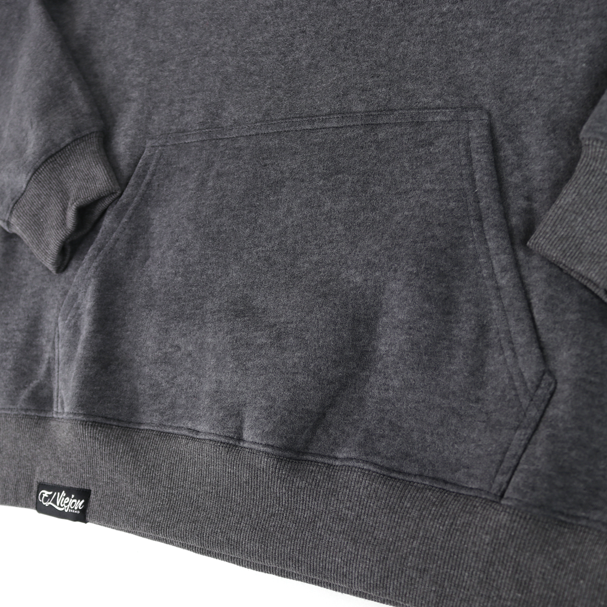 Dark heather grey cotton/poly fleece hoodie with front pocket and small logo tag.