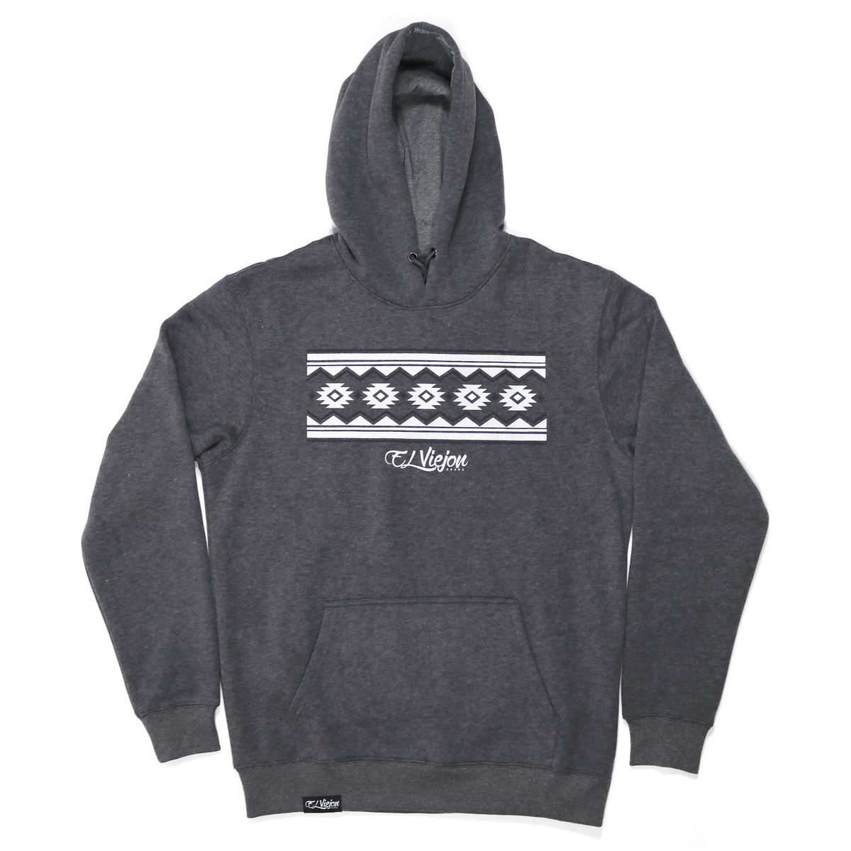 Dark heather grey cotton/poly fleece hoodie with a white geometric pattern and "El Viejon" logo on the front.