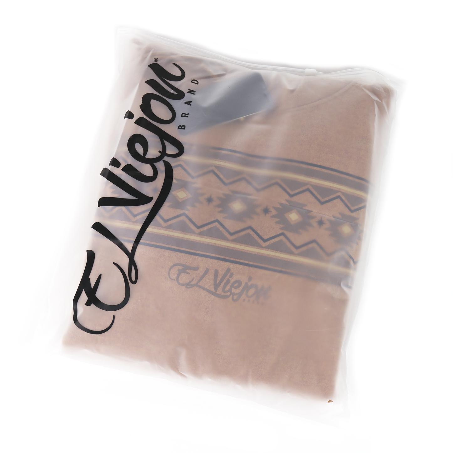 Cheyenne heather brown hoodie, cotton/poly fleece, folded in clear bag with El Viejon logo and Aztec pattern.