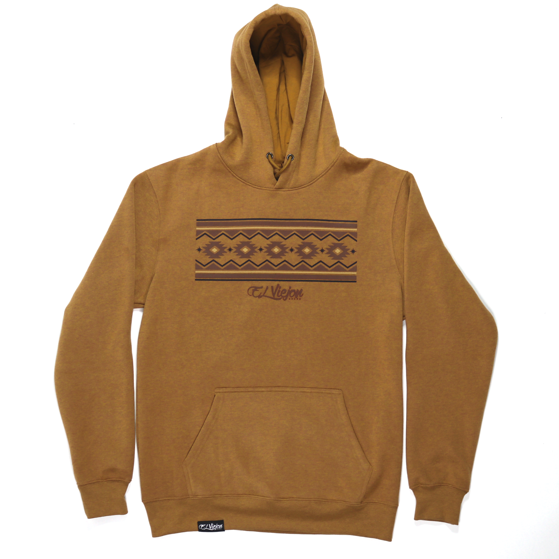 Cheyenne heather brown cotton/poly fleece hoodie with front pocket and screen-printed Aztec-inspired logo.