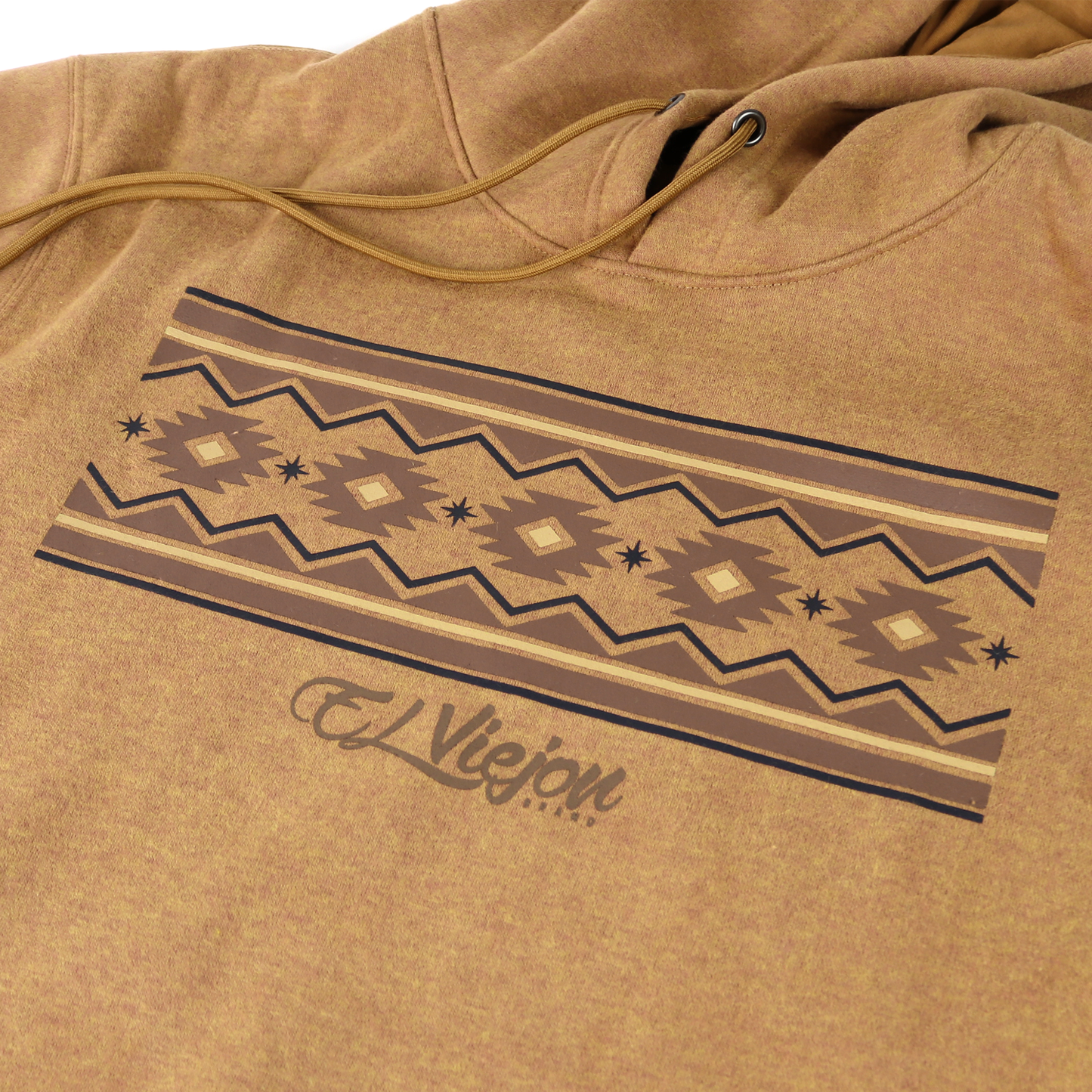 Cheyenne heather brown cotton/poly fleece hoodie with a screen-printed Aztec-inspired design and "El Viejon" logo.