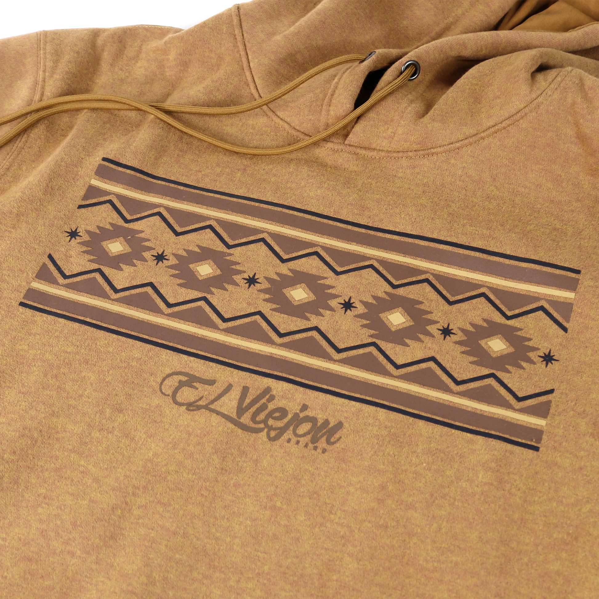 Cheyenne heather brown cotton/poly fleece hoodie with a screen-printed Aztec-inspired design and "El Viejon" logo.