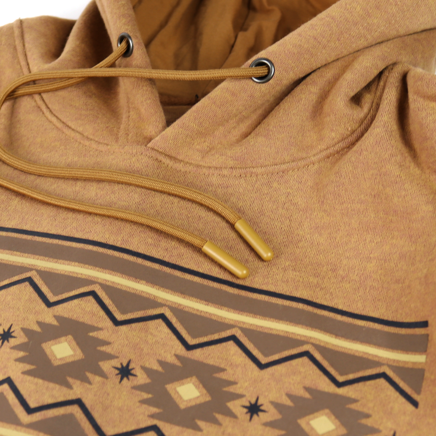 Cheyenne heather brown cotton/poly fleece hoodie with drawstring hood and horizontal Aztec-inspired pattern.