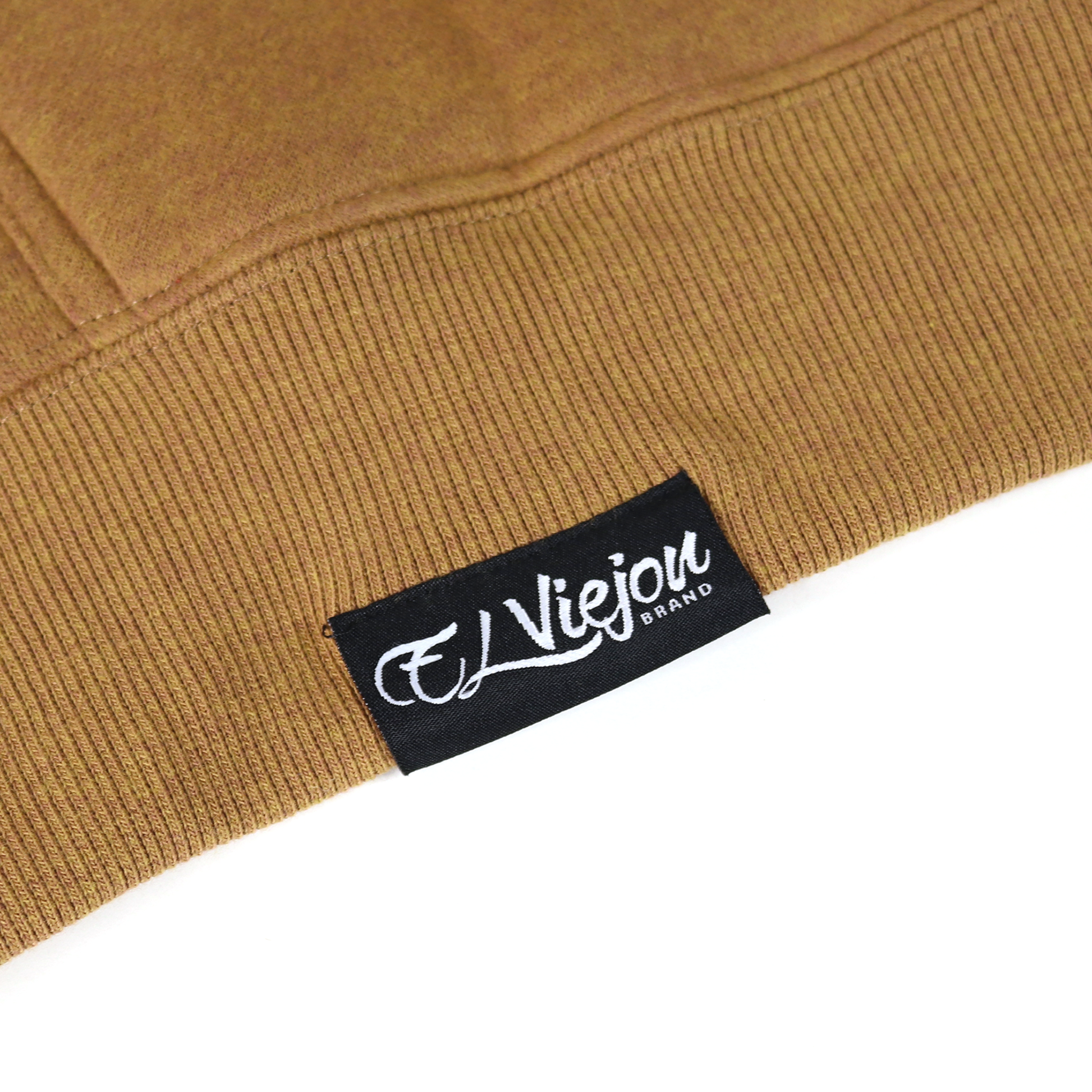Cheyenne heather brown cotton/poly fleece hoodie with black El Viejou Brand tag.