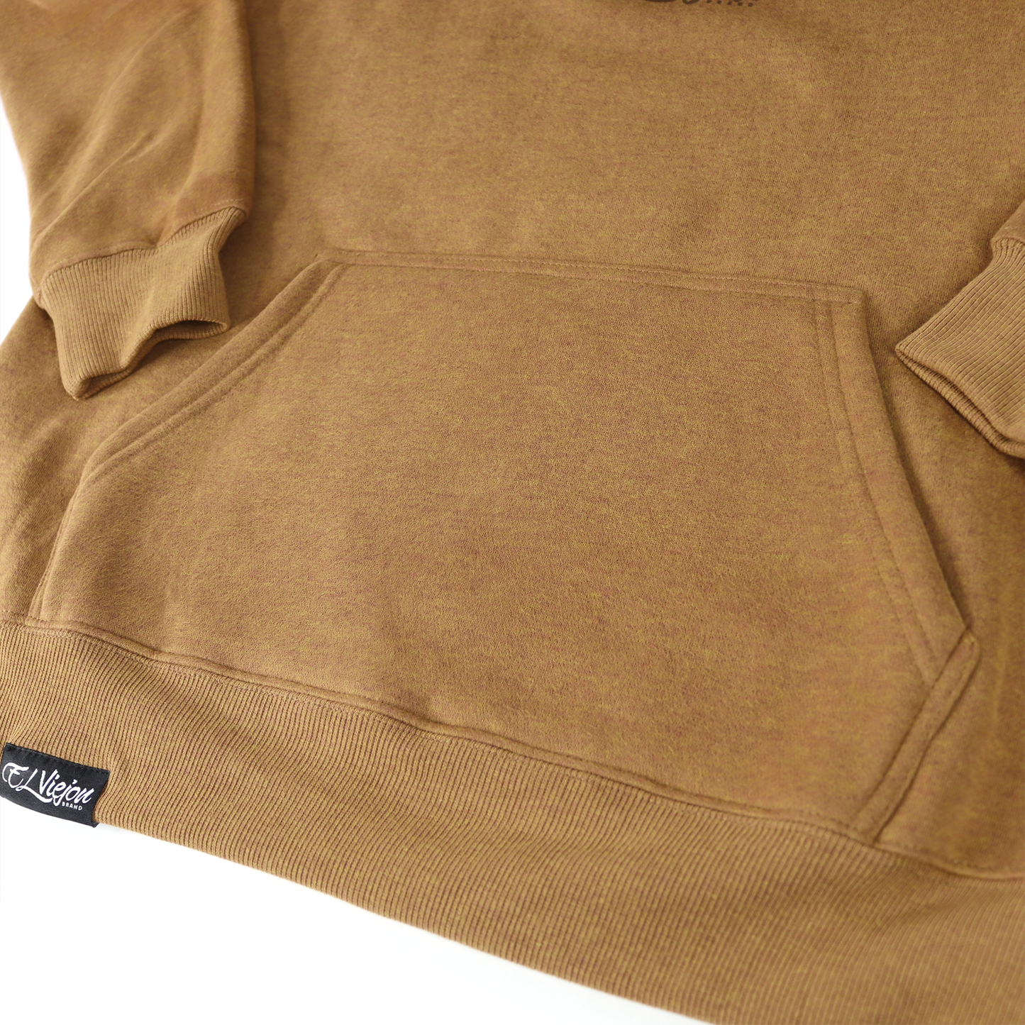 Cheyenne heather brown cotton/poly fleece hoodie with front pocket and screen-printed logo.