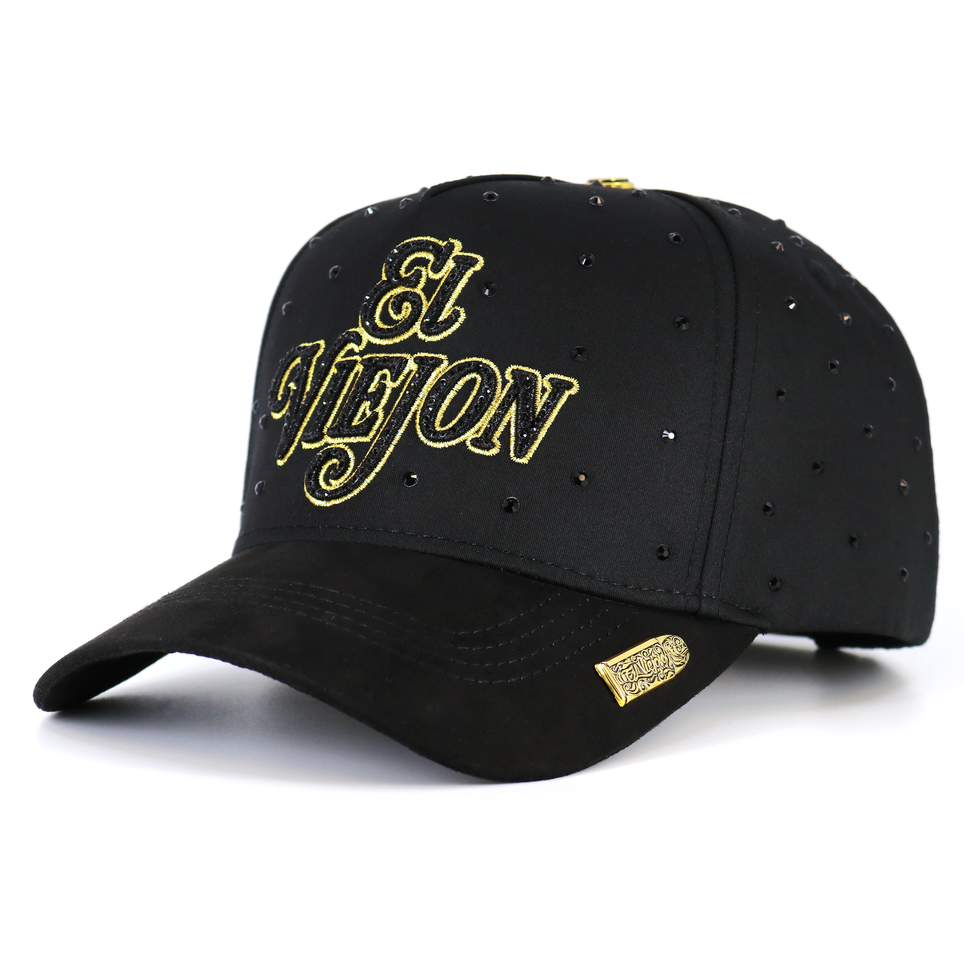 Black cap with gold text and embellishments on a white background