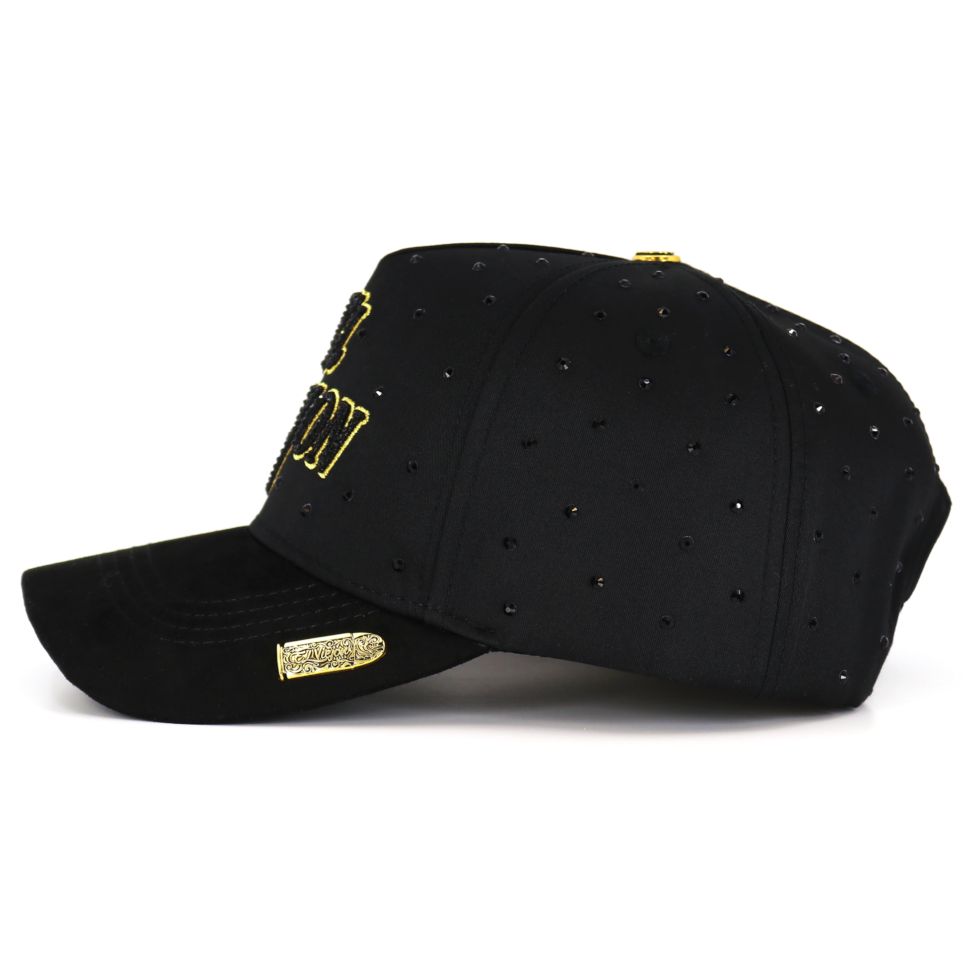 Black cap with gold geometric pattern on a white background