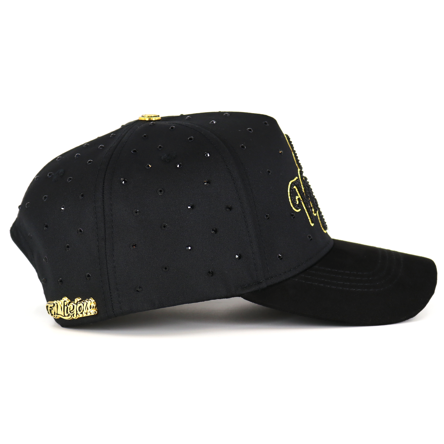 Black cap with gold accents and rhinestone embellishments on a white background