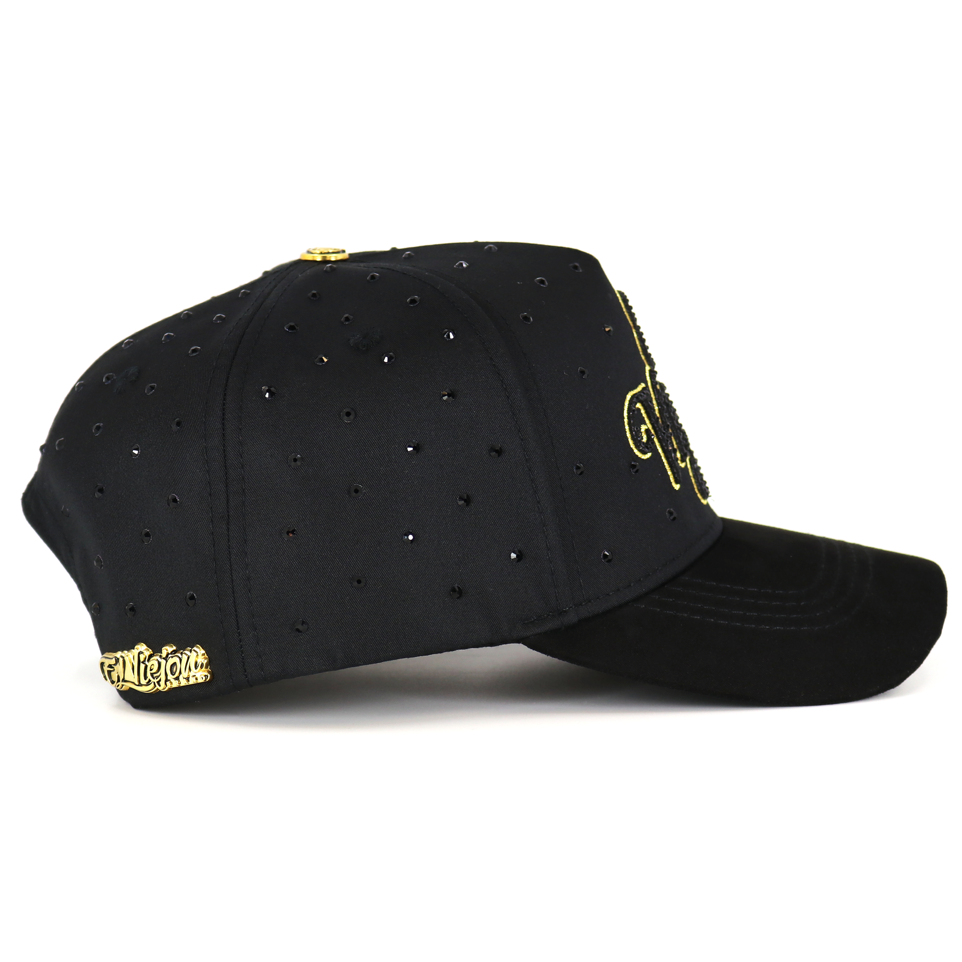 Black cap with gold accents and rhinestone embellishments on a white background