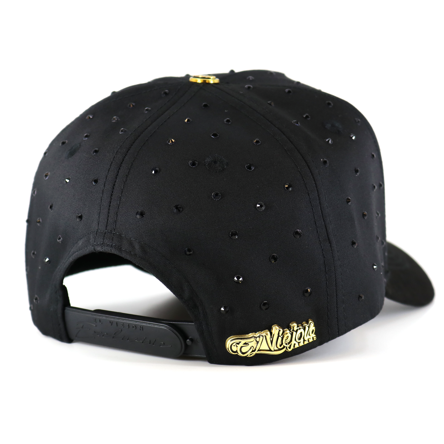 Black cap with gold logo on a white background