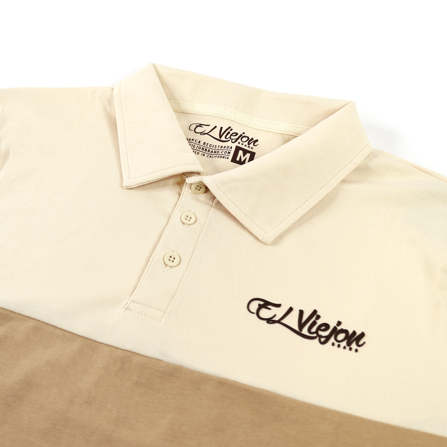 Cream and brown cotton-spandex polo shirt with a 3-button placket and "El Viejon Brand" 3D logo.