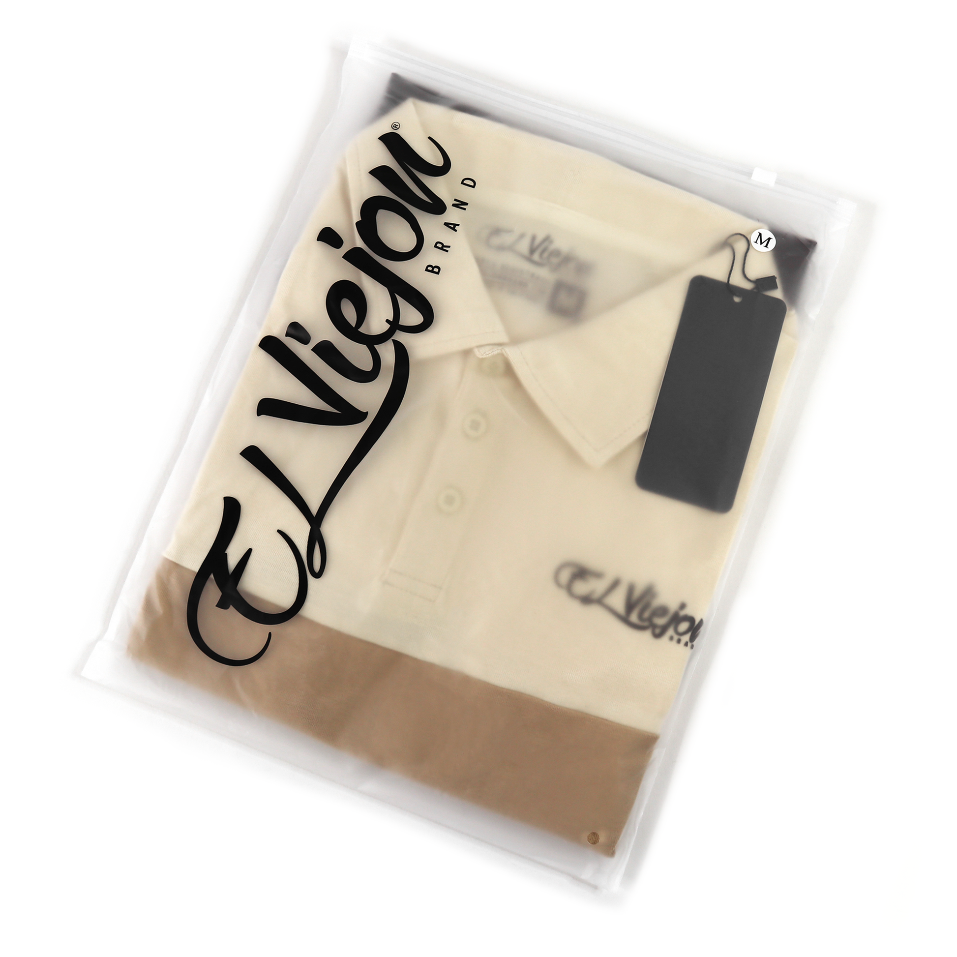 Cream/sand/brown polo shirt in clear packaging with El Viejon Brand logo and size M tag.