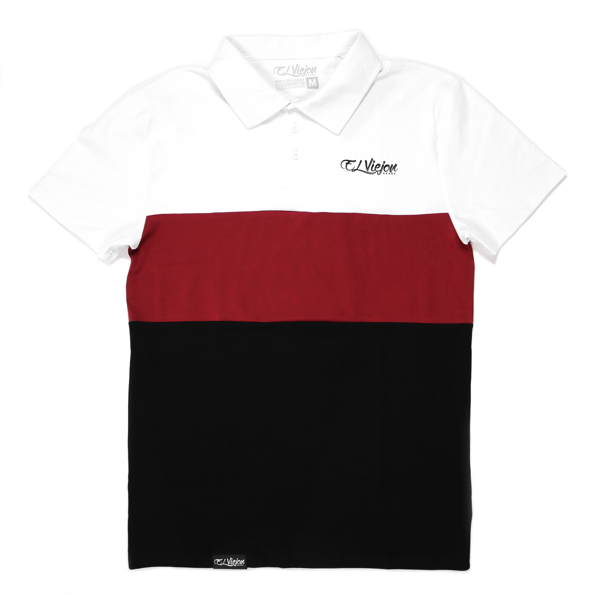 White, maroon, and black El Viejon Brand polo shirt with 3 buttons and 3D vinyl logo.