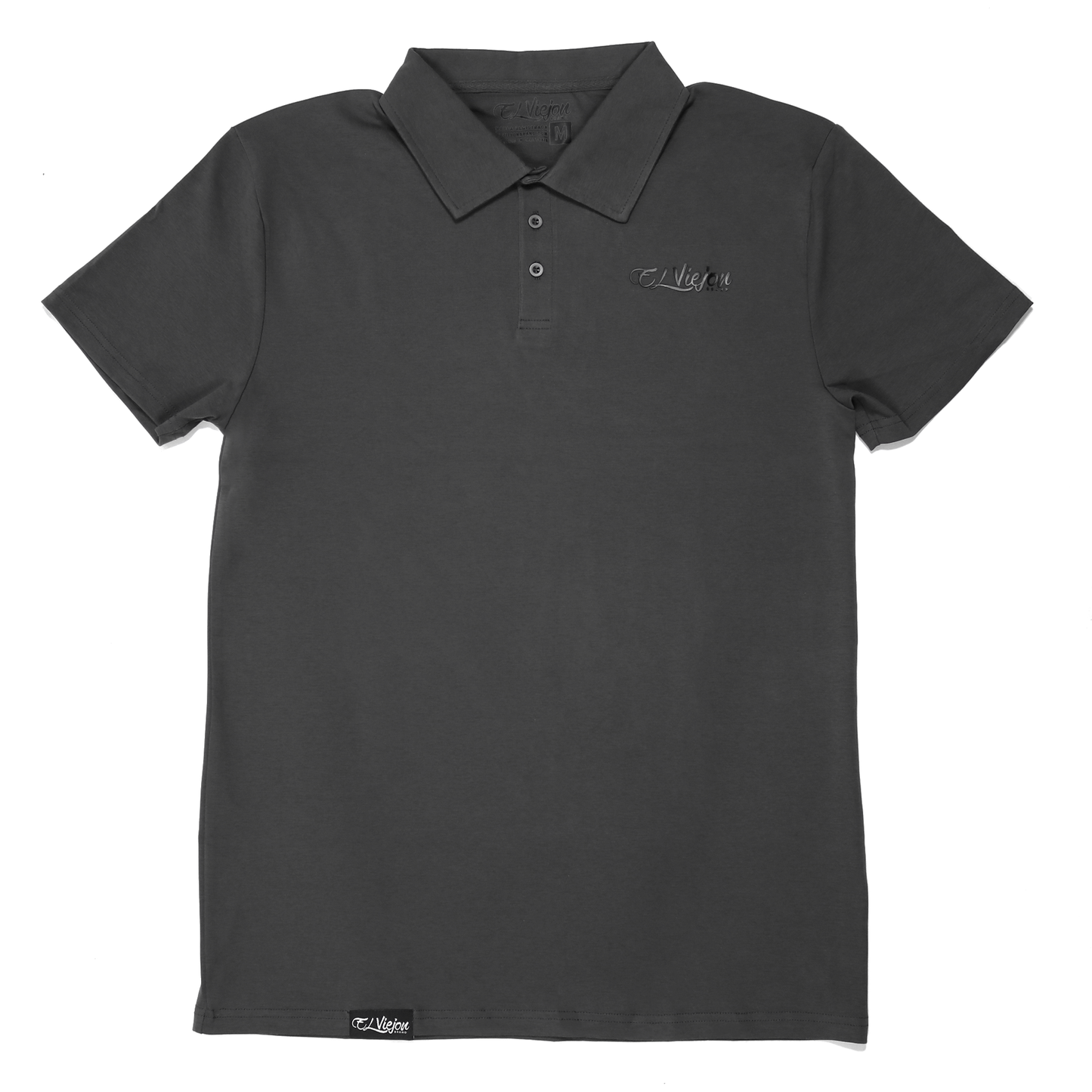 Charcoal El Viejon Brand polo shirt with 3-button placket and 3D vinyl logo.
