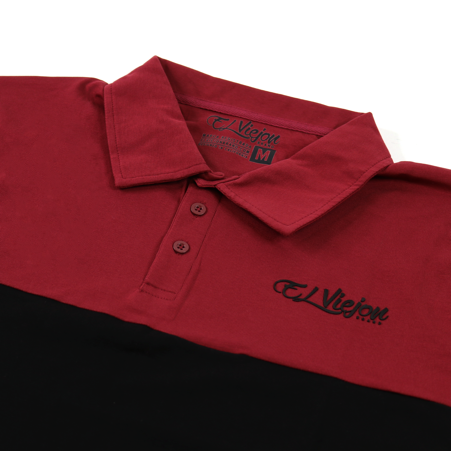 Maroon and black polo shirt with a 3-button placket and "El Viejon Brand" 3D vinyl logo.