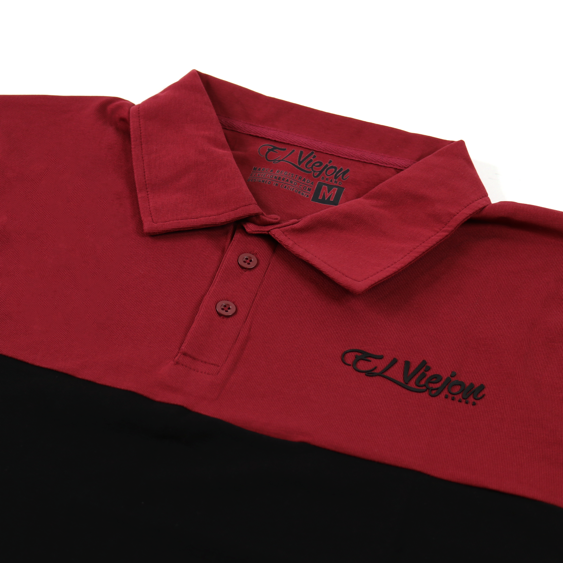 Maroon and black polo shirt with a 3-button placket and "El Viejon Brand" 3D vinyl logo.