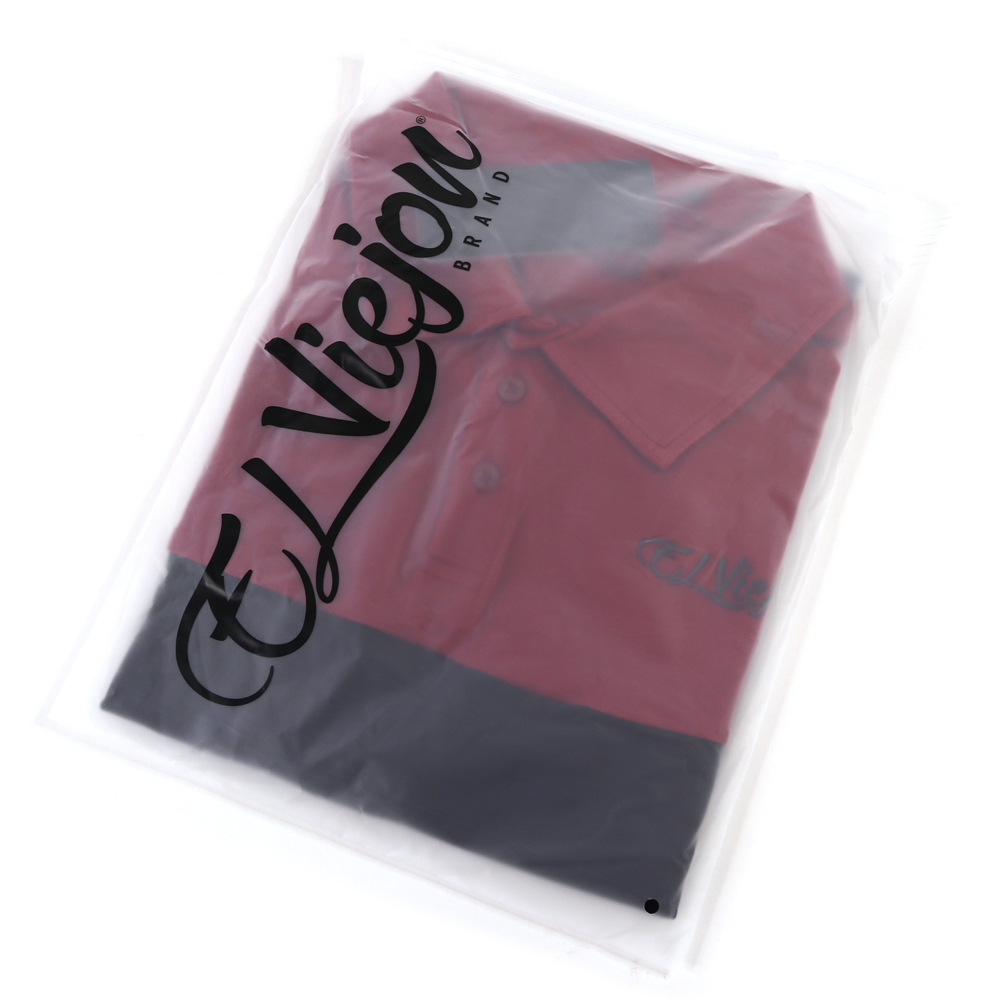 Maroon and black El Viejon Brand polo shirt, folded in clear packaging, showing 3-button placket.