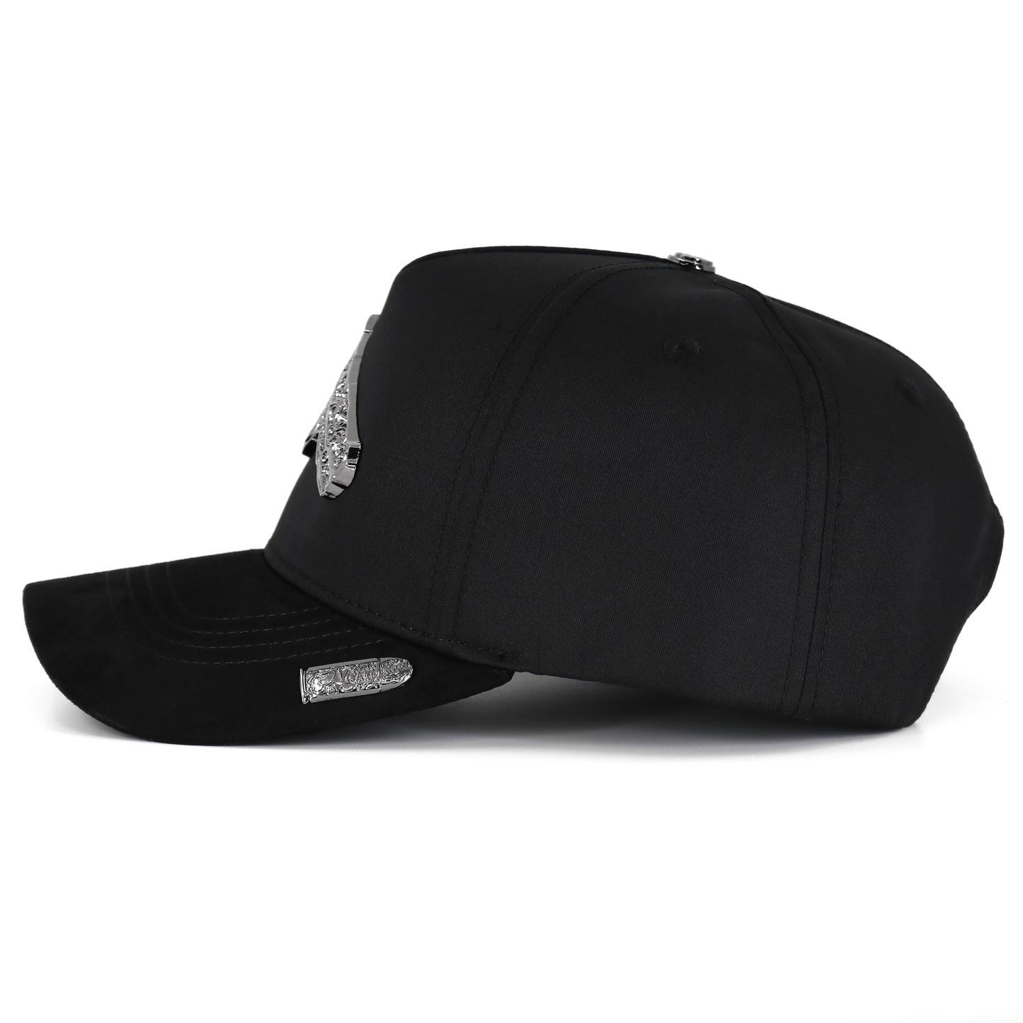 Black cap with silver embellishments on a white background