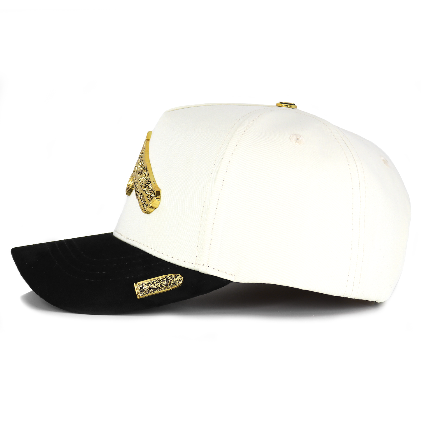 White and black cap with gold accents on a white background