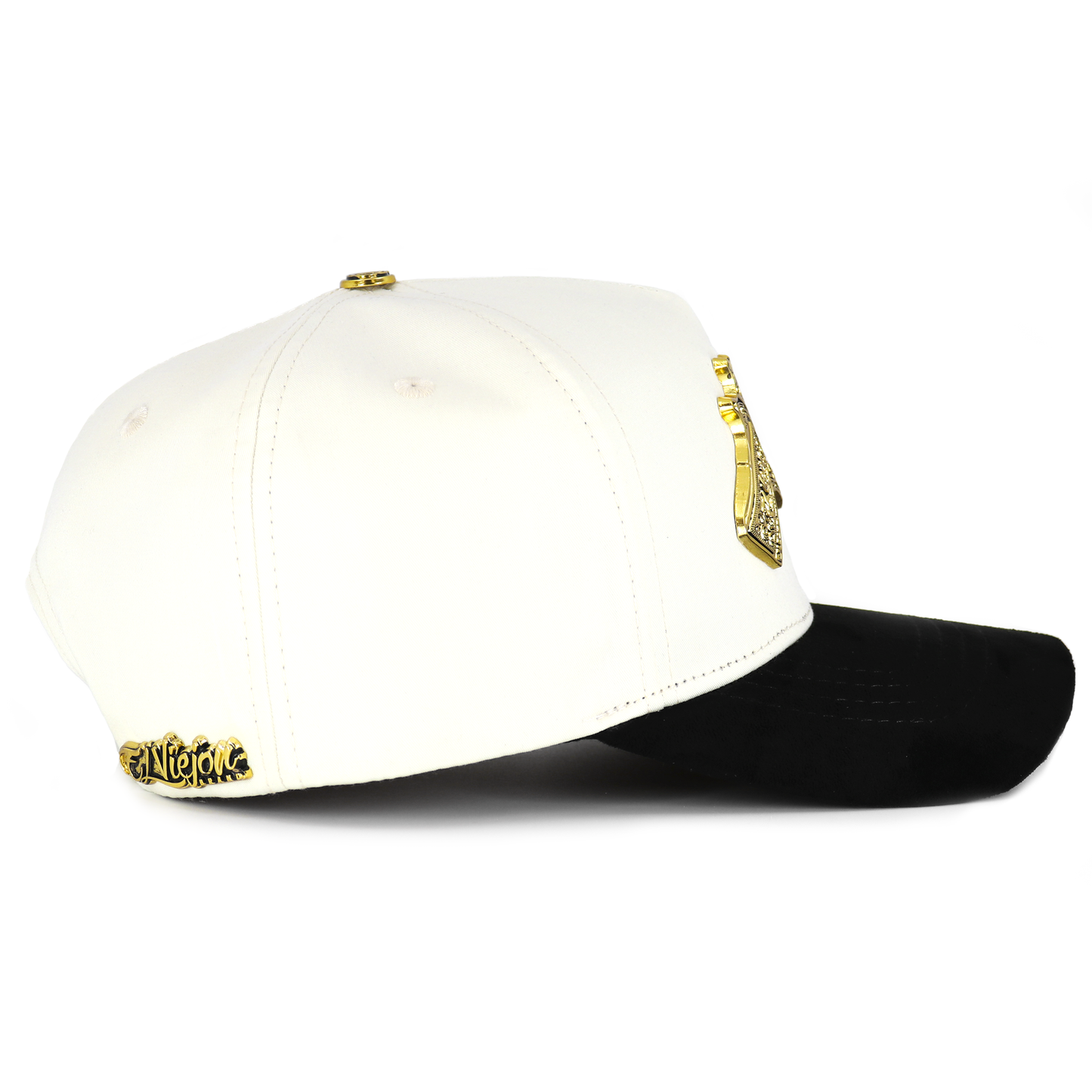Two-tone cap with white front and black back, featuring gold accents on a white background.
