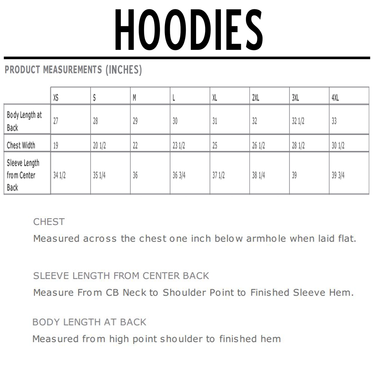 Hoodie size chart in inches, showing body length, chest width, and sleeve length for XS to 4XL.