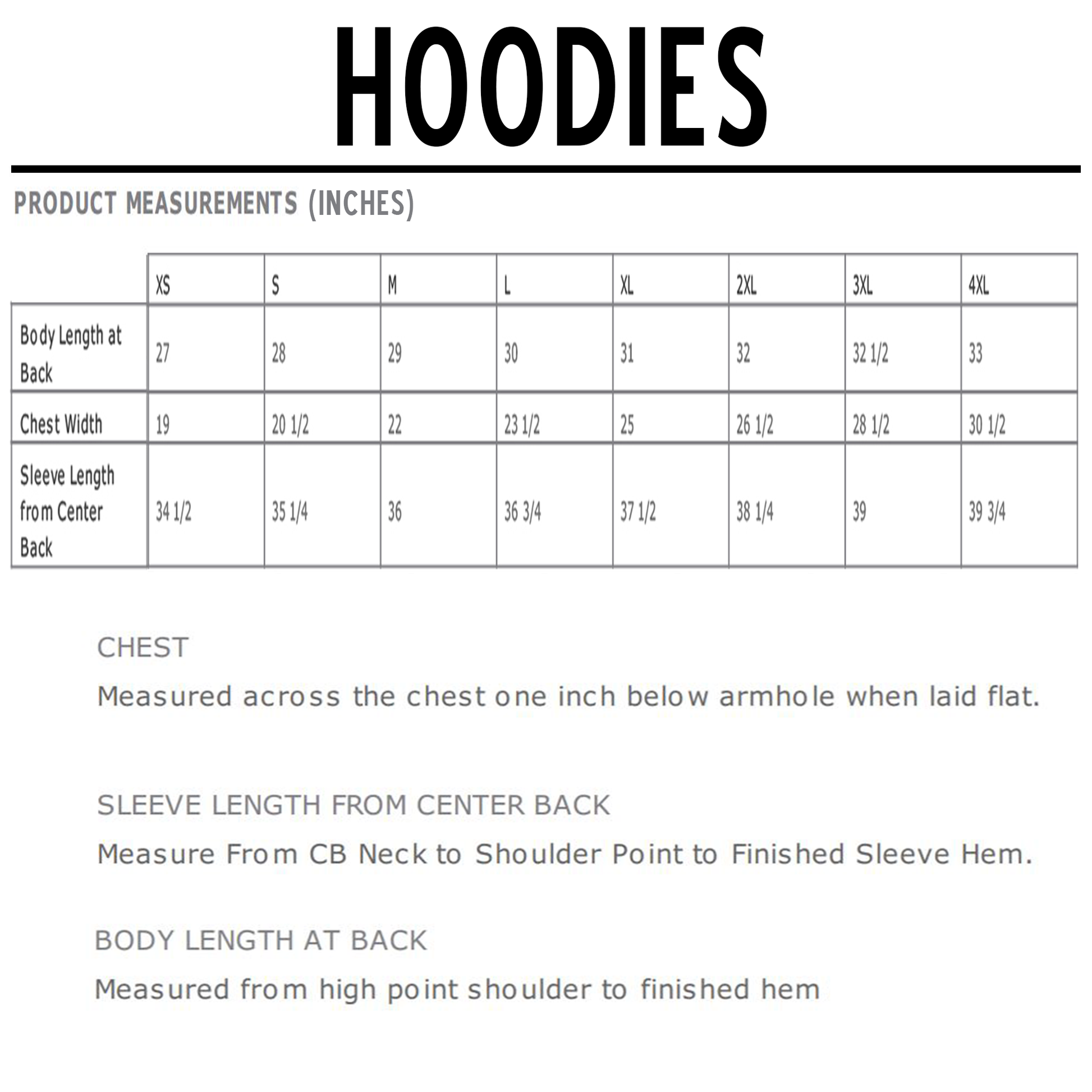 Hoodie size chart with measurements in inches for XS to 4XL, including chest, sleeve, and body length.