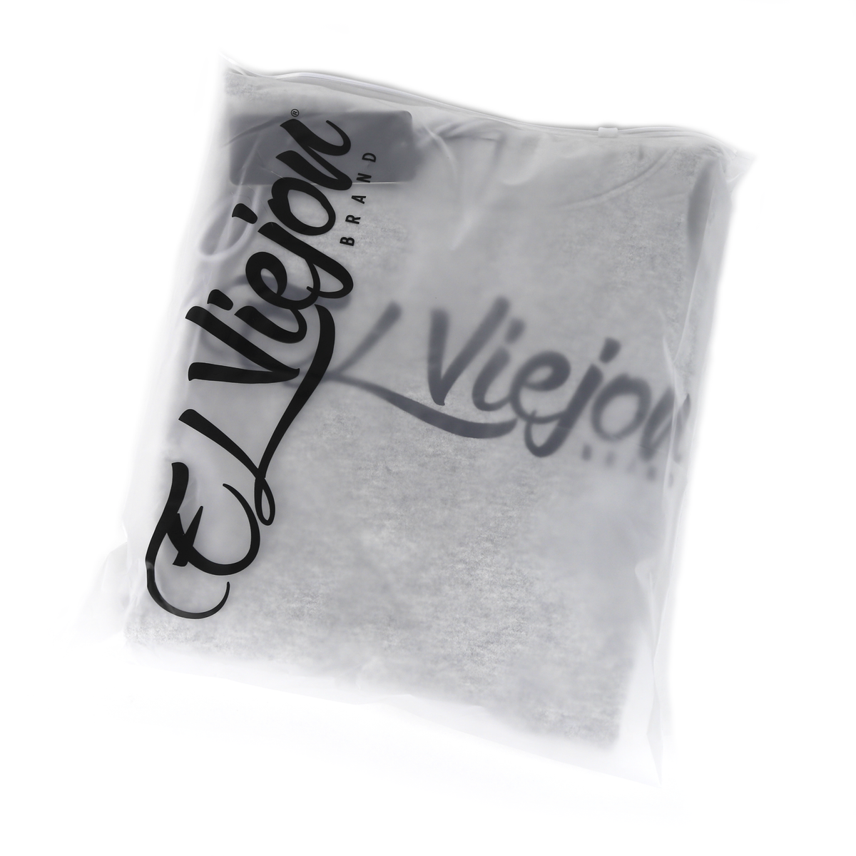 Grey heather cotton/poly fleece hoodie with "El Viejon Brand" logo, packaged in clear plastic.