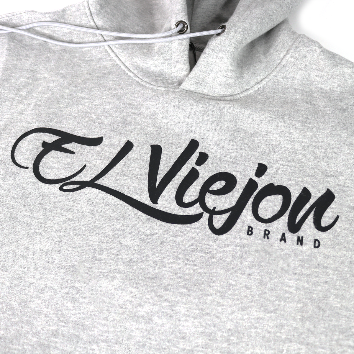 Origen heather cotton/poly fleece hoodie with black "El Viejon Brand" screen-printed logo and white drawstrings.